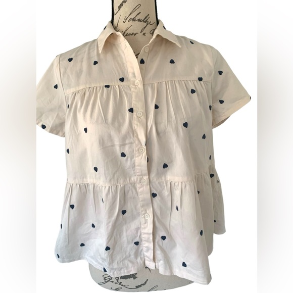 Madewell Embroidered Heart Seamed Short Sleeve Button Down Blouse Size XXS - Picture 3 of 7